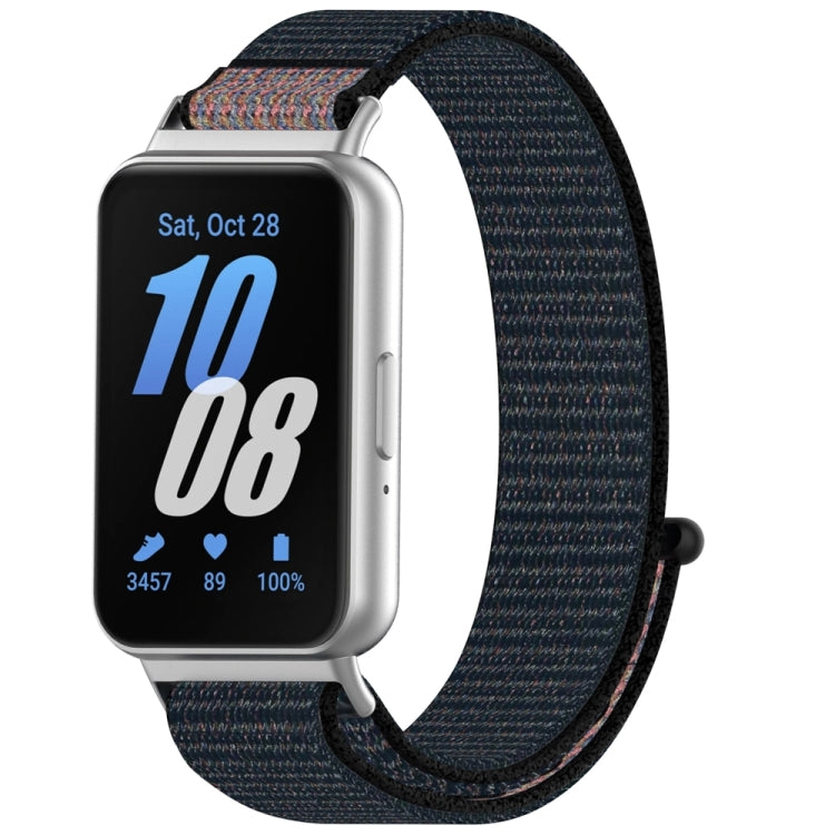 Dark woven nylon loop watch band with subtle multicolor flecks, shown on a smartwatch