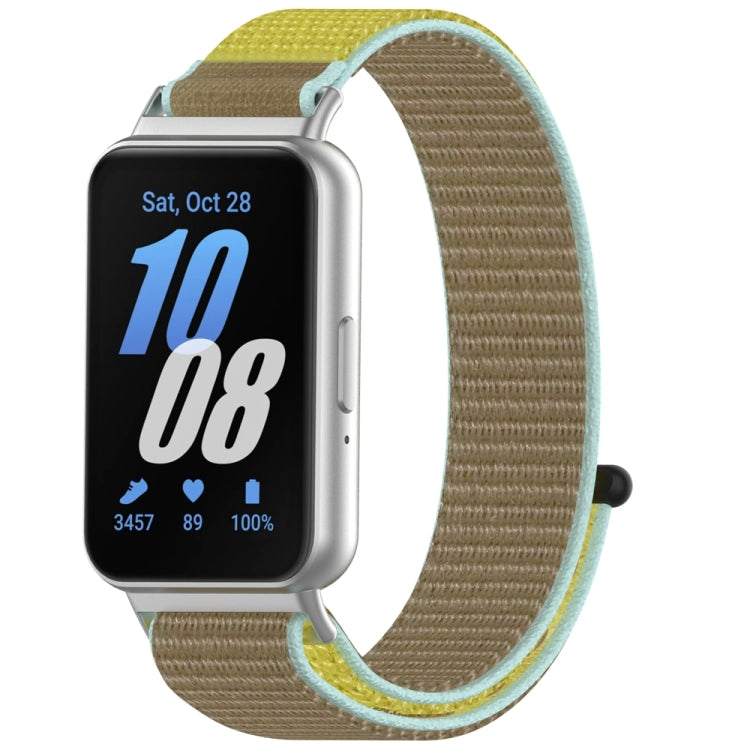 Tan nylon loop watch band with mint edging and yellow accents, shown on a smartwatch