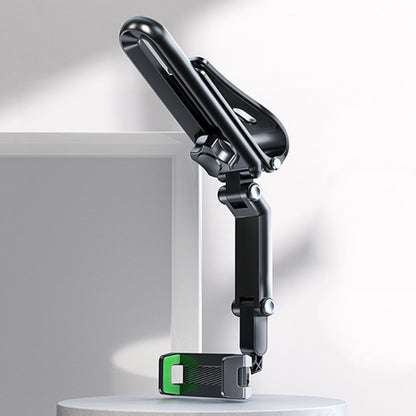 Black car sun visor phone holder with adjustable clamp and stand, green accent insert