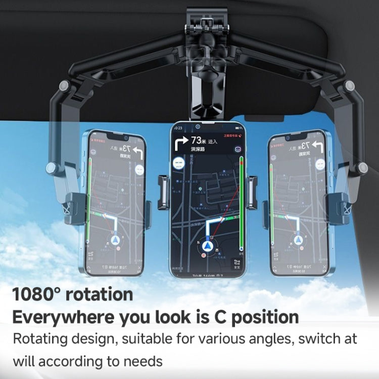 Sun visor phone holder with rotating mount holding two phones at adjustable angles