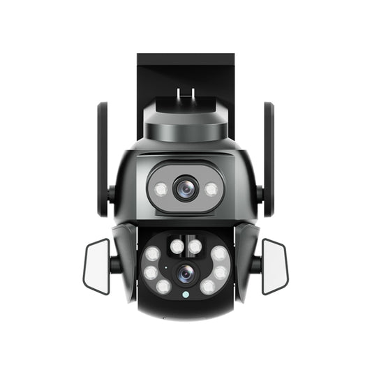 Outdoor pan-tilt style security camera with dual lenses, IR/LED lights, and side mounts
