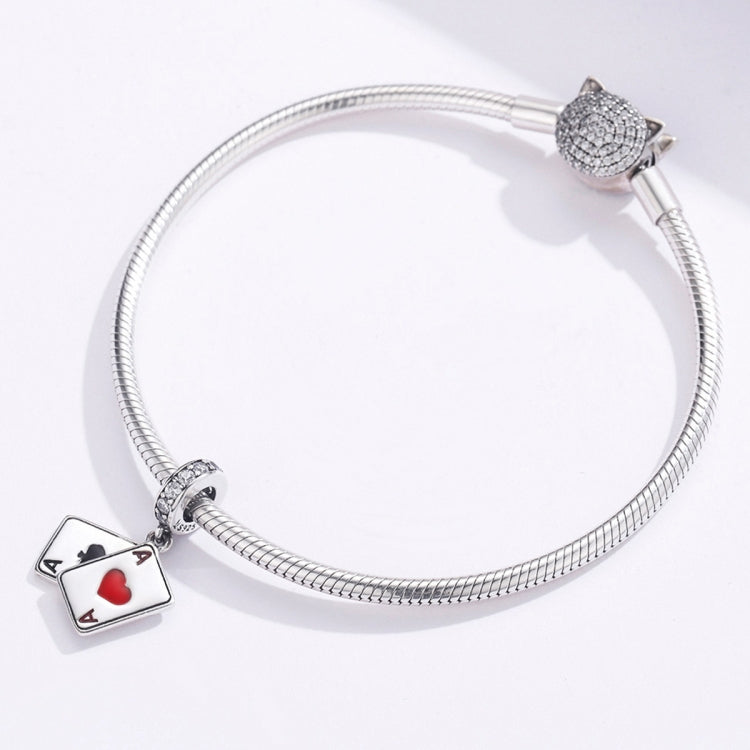 Sterling silver bracelet with red heart card charm and pavé cat clasp