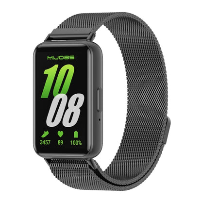 Mijobs Milan black magnetic metal watch band fitted to a rectangular smartwatch