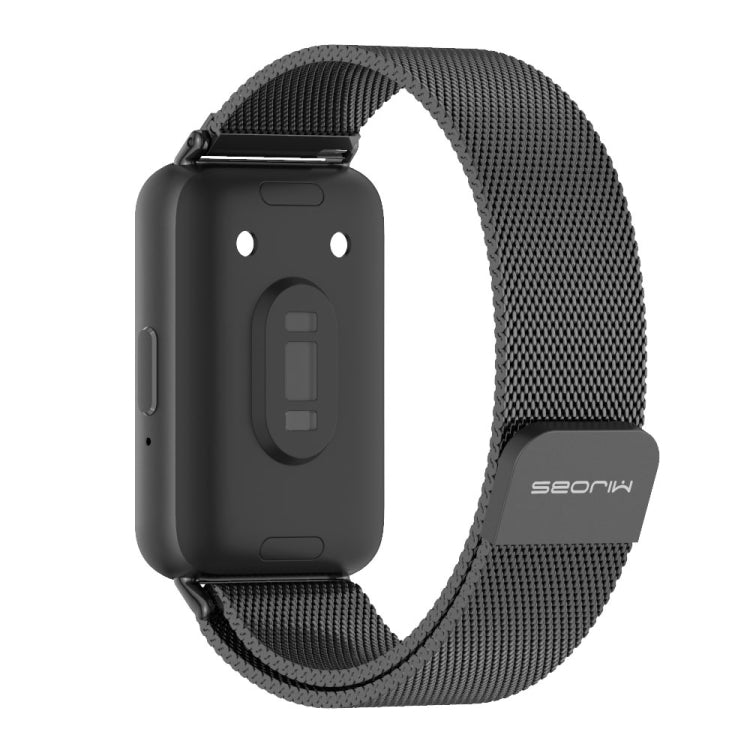Back view of a black Milan metal watch band fitted to a smartwatch