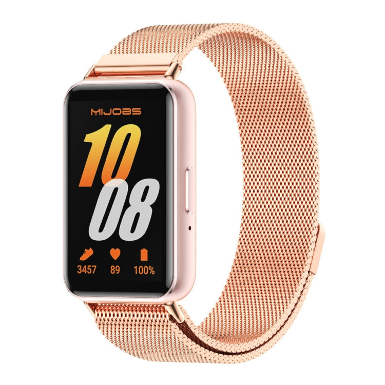 Mijobs Milan rose gold magnetic metal watch band fitted to a rectangular smartwatch