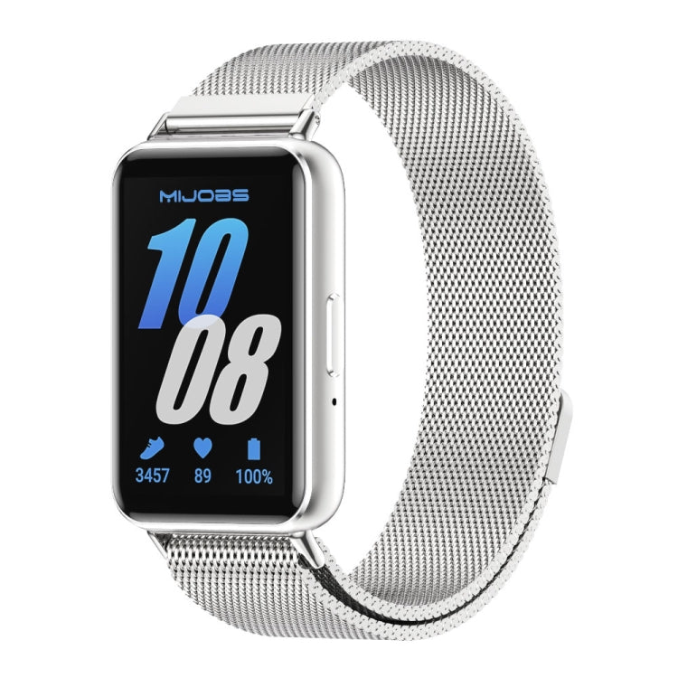 Mijobs Milan silver magnetic metal watch band fitted to a rectangular smartwatch