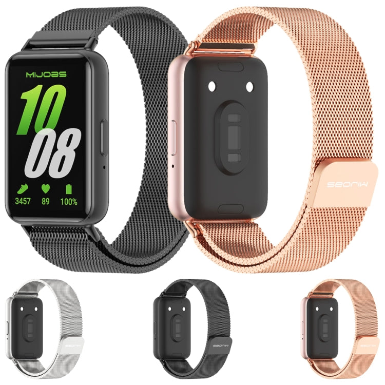 Milan magnetic metal watch bands in black, rose gold, and silver, shown from front and back