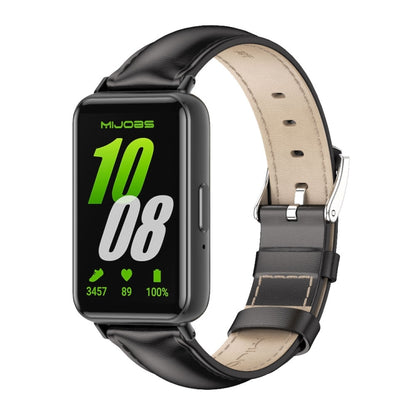 Black leather Galaxy Fit 3 watch band with beige lining and black watch case