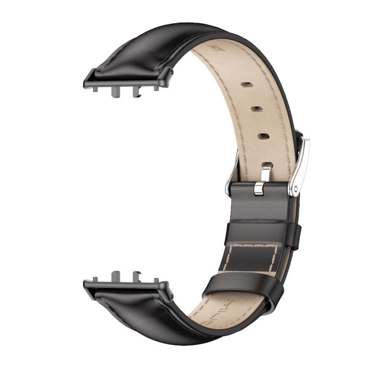 Black dual-sided leather watch band with beige lining and silver buckle