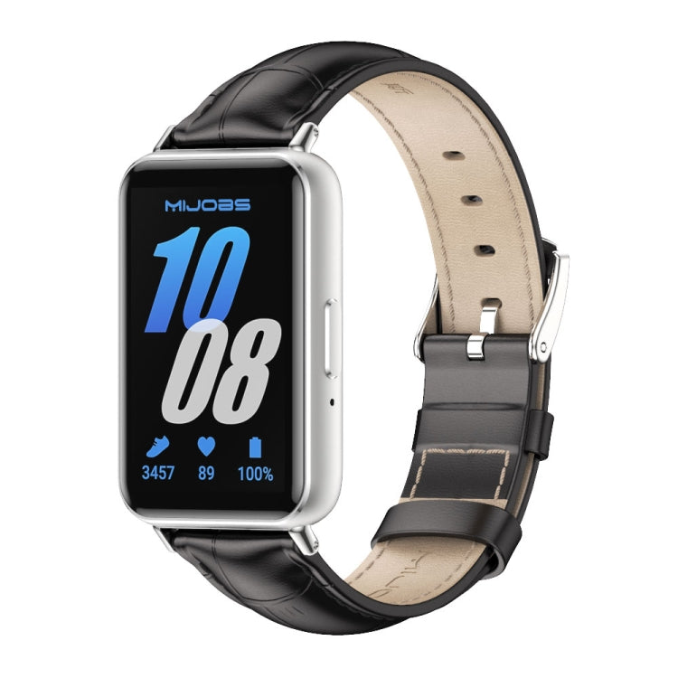 Black leather watch band with beige lining, silver buckle, and silver watch case