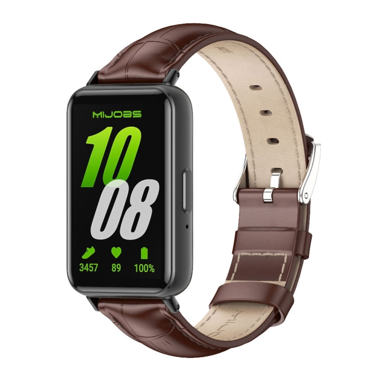 Dark brown leather Galaxy Fit 3 watch band with beige lining and black watch case