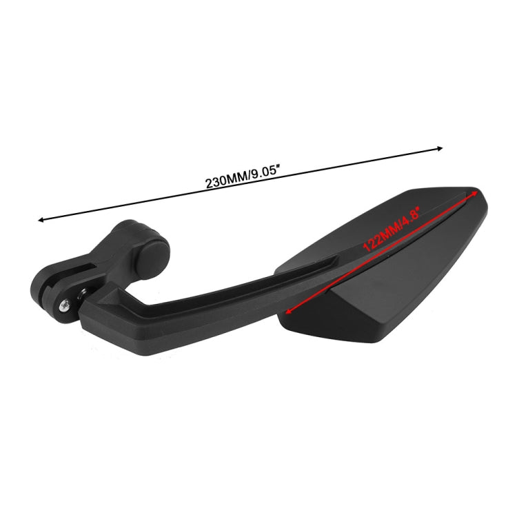 Black motorcycle rear-view mirror with long curved arm and mounting ball joint
