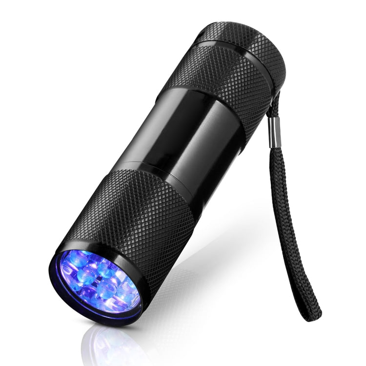 Black textured UV flashlight with 9-LED head and wrist strap, compact cylinder