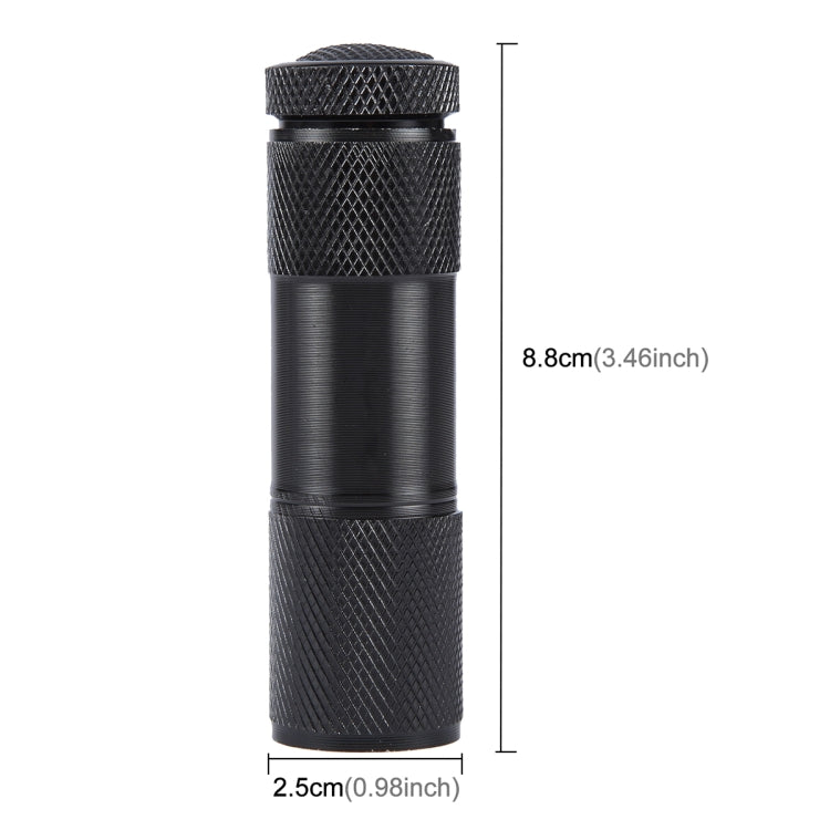 Black UV flashlight cylinder, 8.8 cm tall and 2.5 cm wide, with lanyard loop