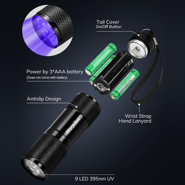 Black UV flashlight with tail-cap on/off switch, wrist strap, and 3xAA battery compartment