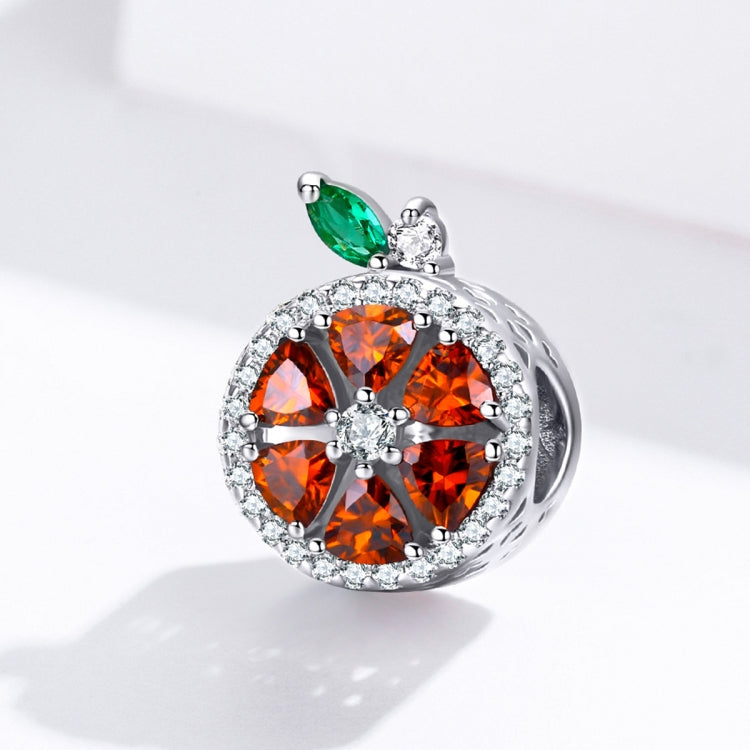Sterling silver grapefruit fruit charm bead with orange CZ cluster and green top accent