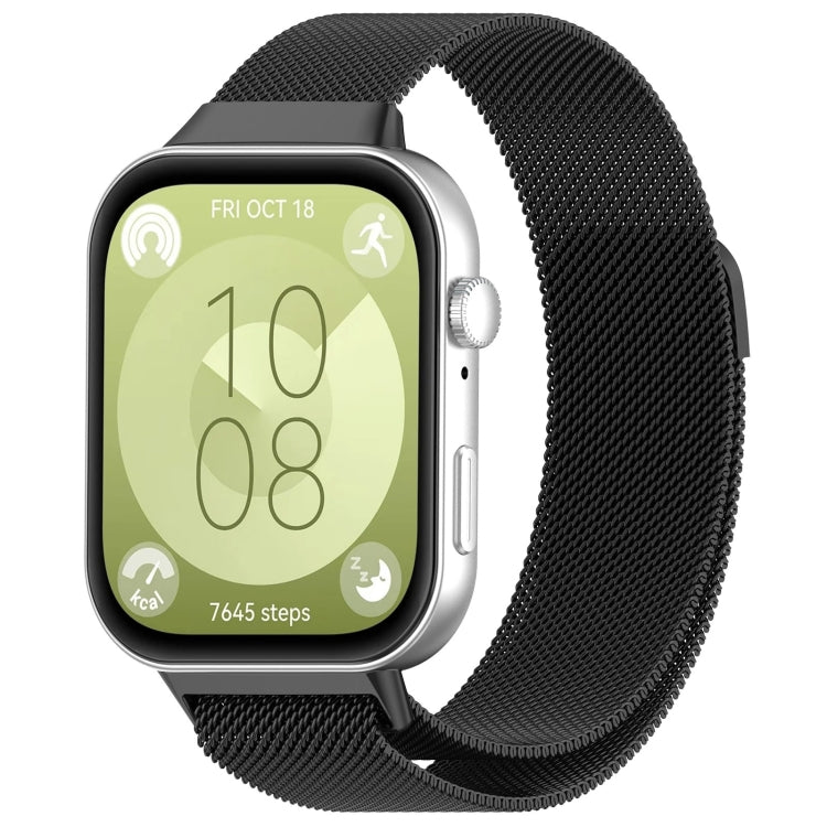 Black Milanese metal watch band shown attached to a smartwatch