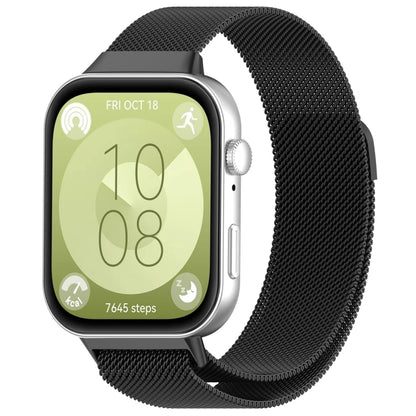 Black Milanese metal watch band shown attached to a smartwatch