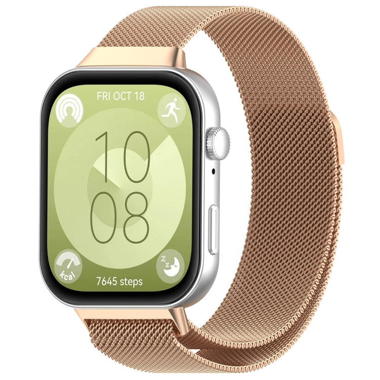 Rose gold Milanese metal watch band shown attached to a smartwatch