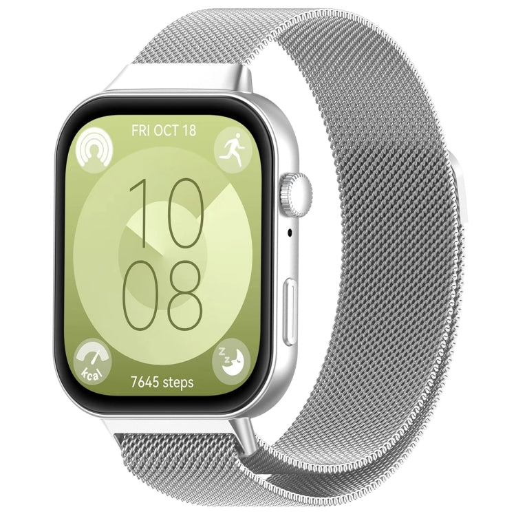 Silver Milanese metal watch band shown attached to a smartwatch