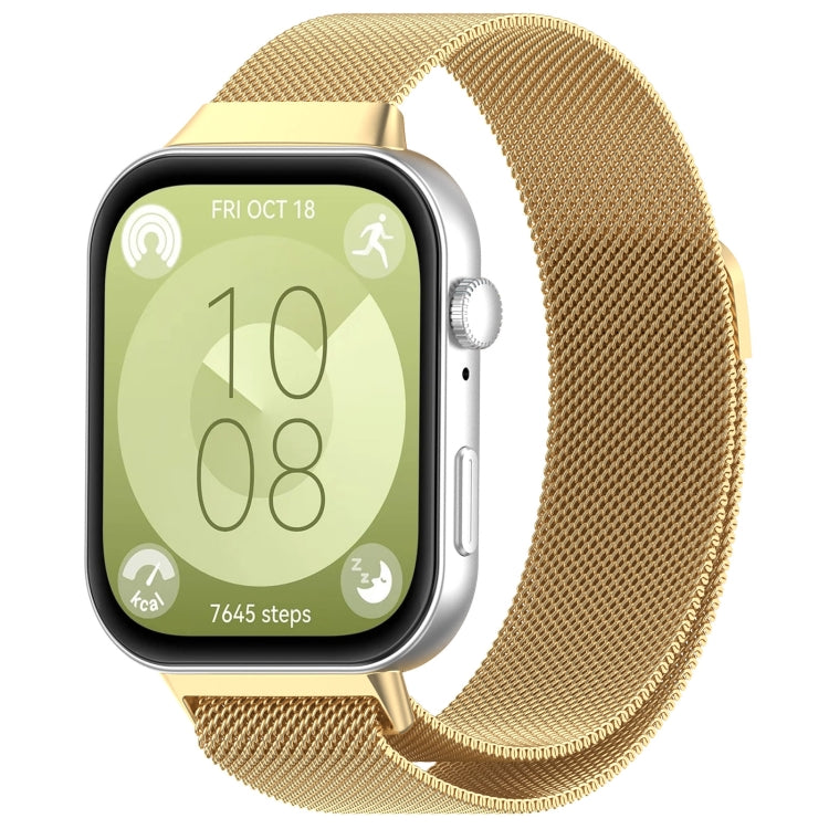 Gold Milanese metal watch band shown attached to a smartwatch