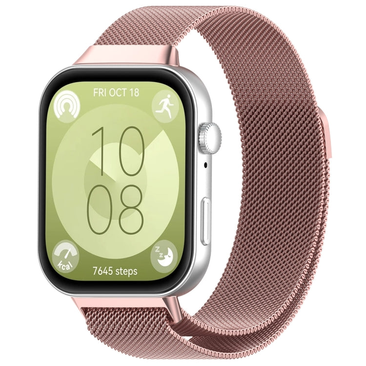 Rose pink Milanese metal watch band shown attached to a smartwatch