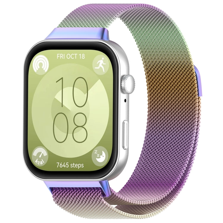 Multicolor Milanese metal watch band shown attached to a smartwatch