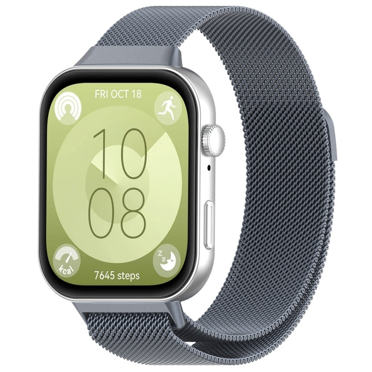 Space gray Milanese metal watch band shown attached to a smartwatch