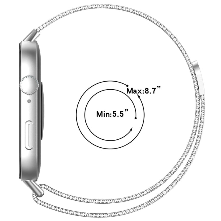 Silver Milanese metal watch band with a 5.5 to 8.7 inch wrist range