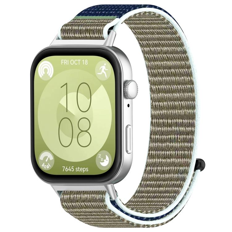 Olive gray nylon hook-and-loop watch band with navy accents, attached to a smartwatch