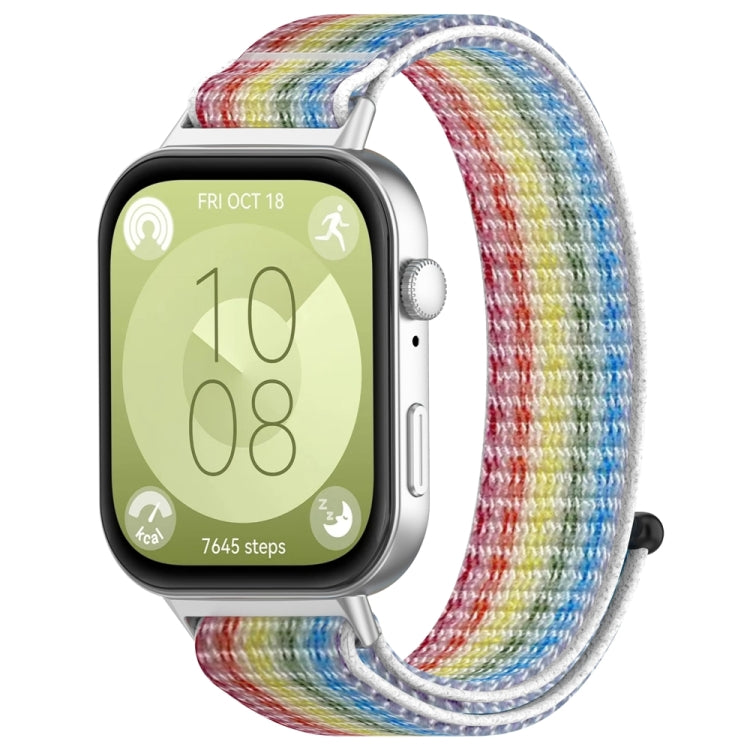 Multicolor nylon hook-and-loop watch band fitted to a smartwatch