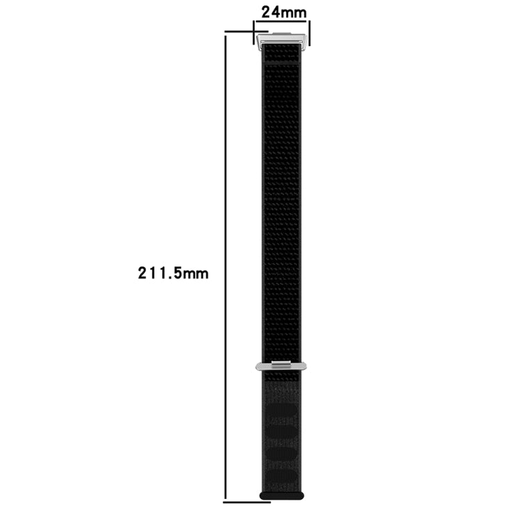 Black nylon watch band shown flat, measuring 24 mm wide and 211.5 mm long
