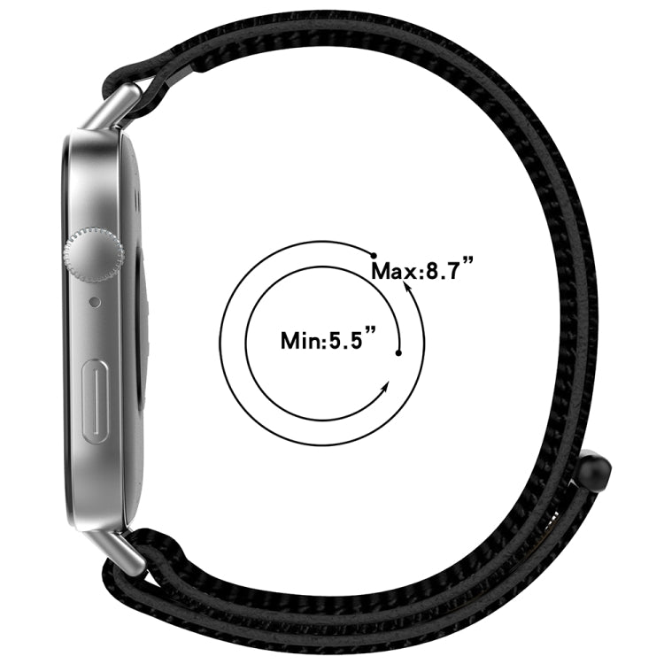 Black nylon watch band shown with a wrist fit range of 5.5 to 8.7 inches