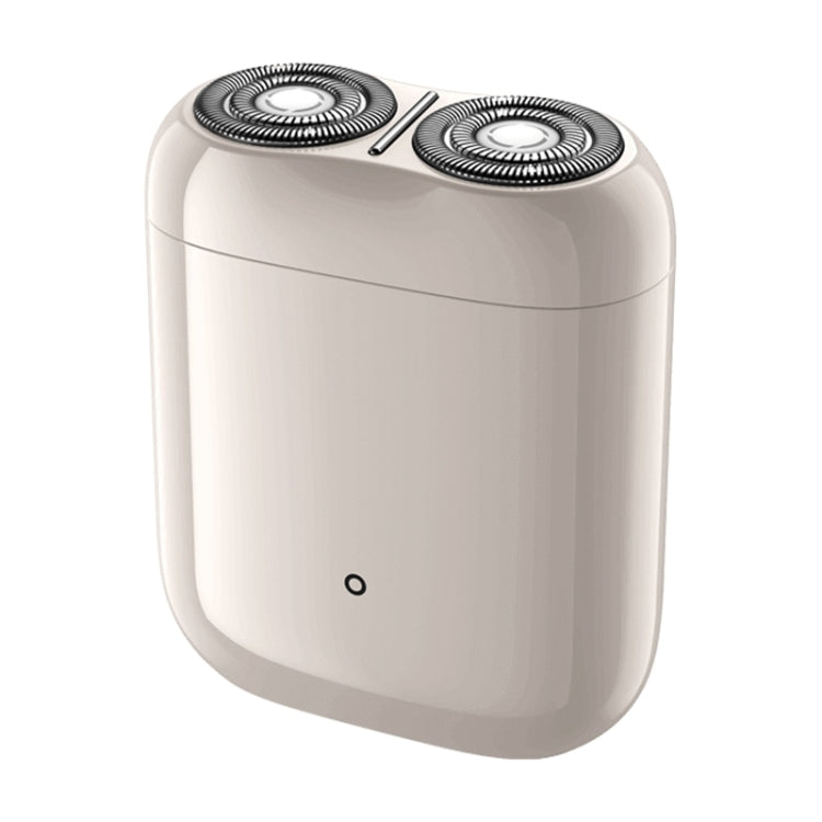 White electric rotary shaver with two round foil cutting heads and power button