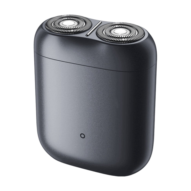 Dark grey electric rotary shaver with two round foil cutting heads and power button