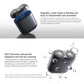Dark grey electric shaver with two round foil heads and water droplet design backdrop