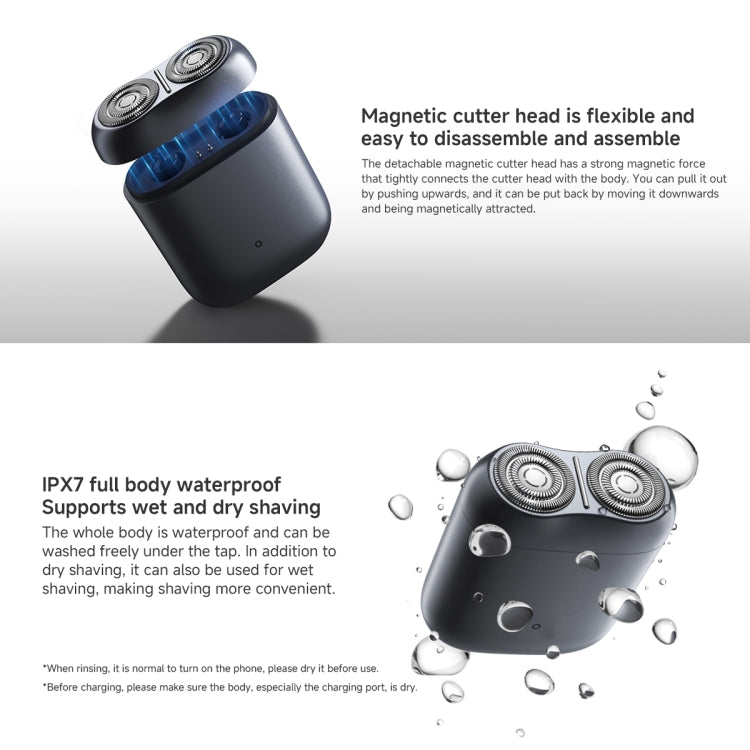 Dark grey electric shaver with two round foil heads and water droplet design backdrop