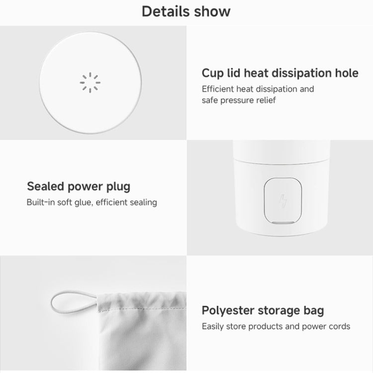 Electric heating cup details: sealed power plug and cup heat dissipation hole