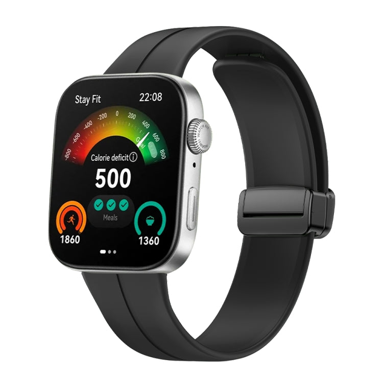 Black silicone watch band with black magnetic buckle shown on a smartwatch