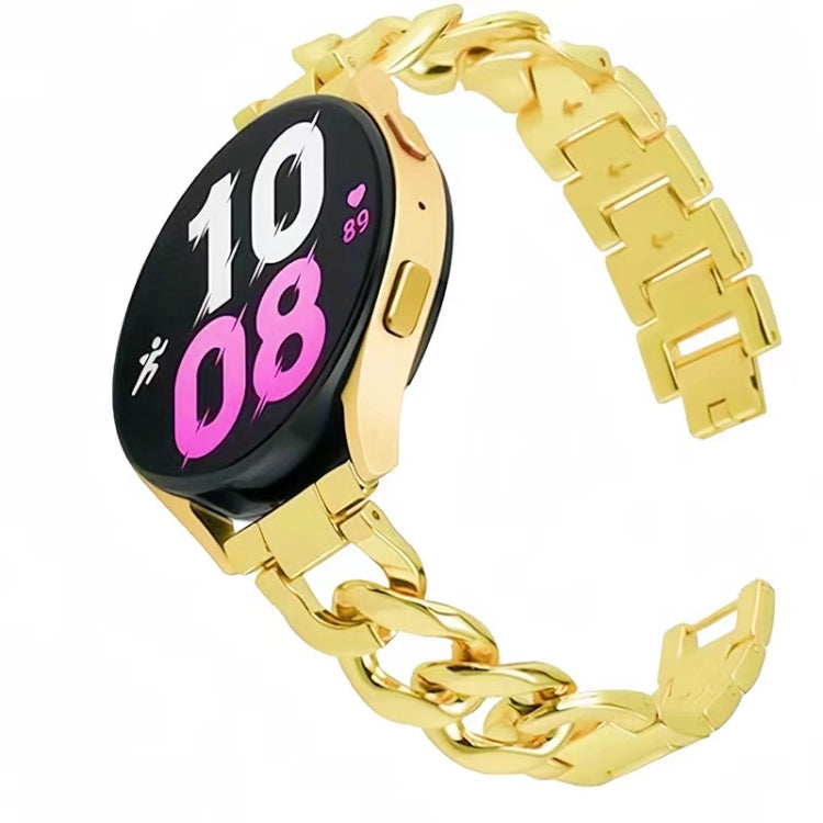 Gold metal watch band with interlocking chain links, attached to a round smartwatch.