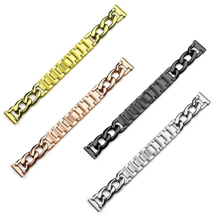 Metal chain watch bands in gold, rose gold, black, and silver, shown without a watch.