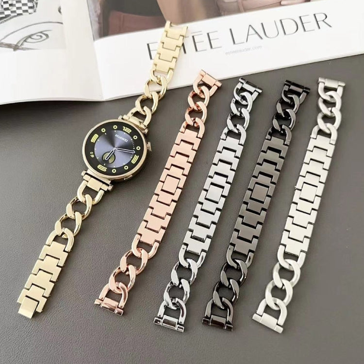 Metal chain watch bands in gold, rose gold, silver, black, and dark gray; one is fitted to a round watch.