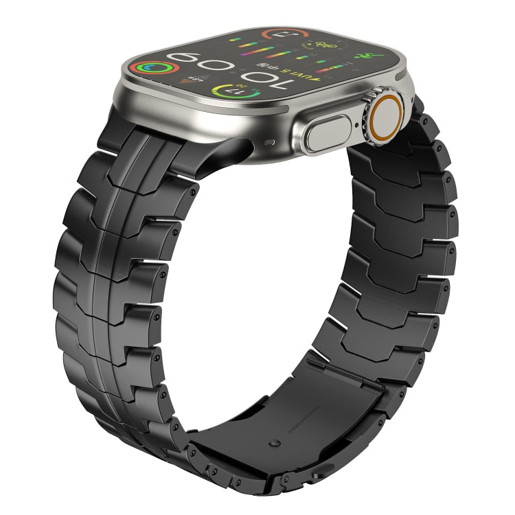 Black titanium steel linked watch band with double-lock clasp, shown on a watch from the front