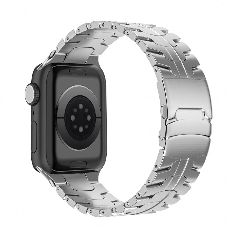 Silver titanium steel watch band with brushed double-lock clasp, shown on a watch