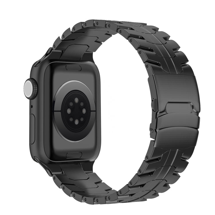 Black titanium steel linked watch band with double-lock clasp, shown from the back