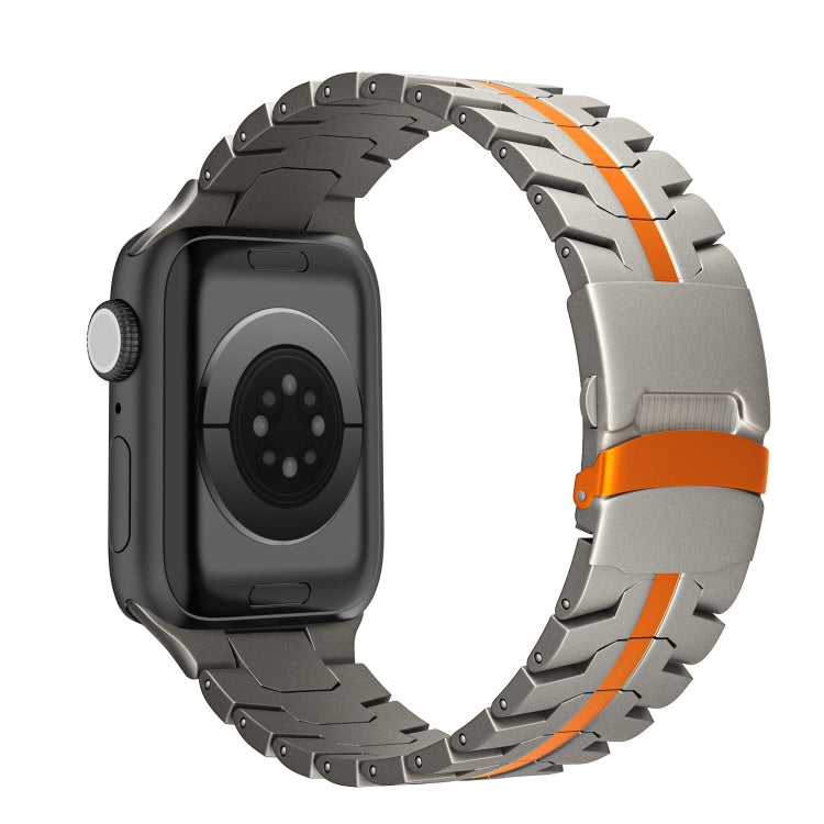 Titanium steel watch band with orange accents and a double-lock clasp, fitted to a black smartwatch