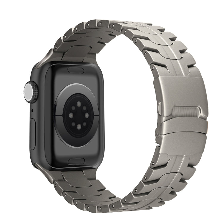Titanium steel watch band with a double-lock clasp, fitted to a black smartwatch