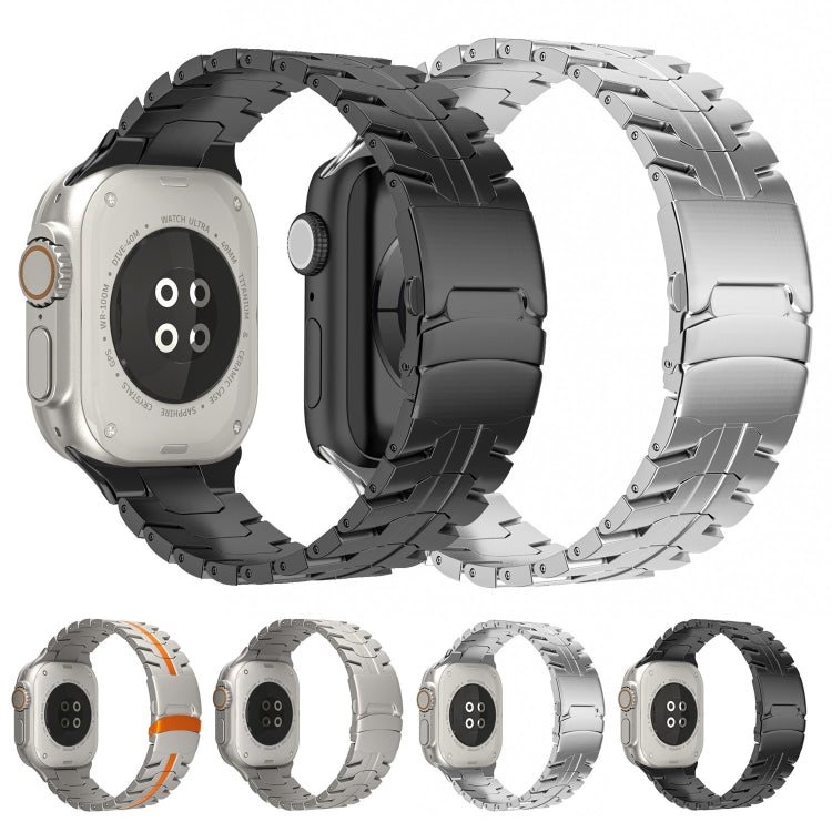 Watch bands in orange-accented, titanium, silver, and black finishes, shown fitted to smartwatches