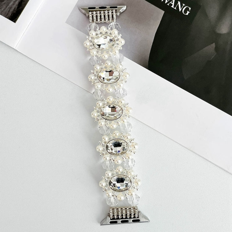 White pearl and clear crystal Apple Watch bracelet band shown without a watch