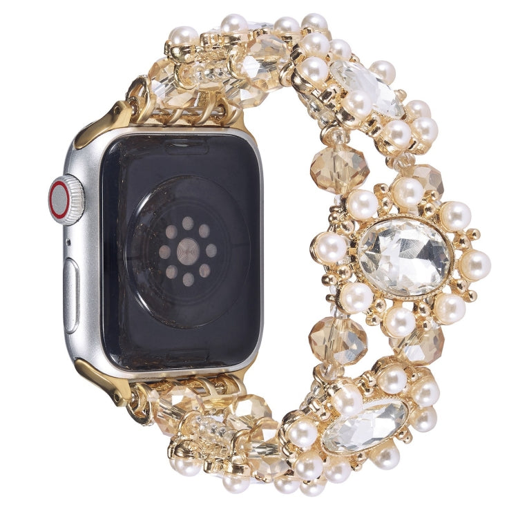 Apple Watch bracelet band with champagne crystals, white pearls, and light gold-tone settings
